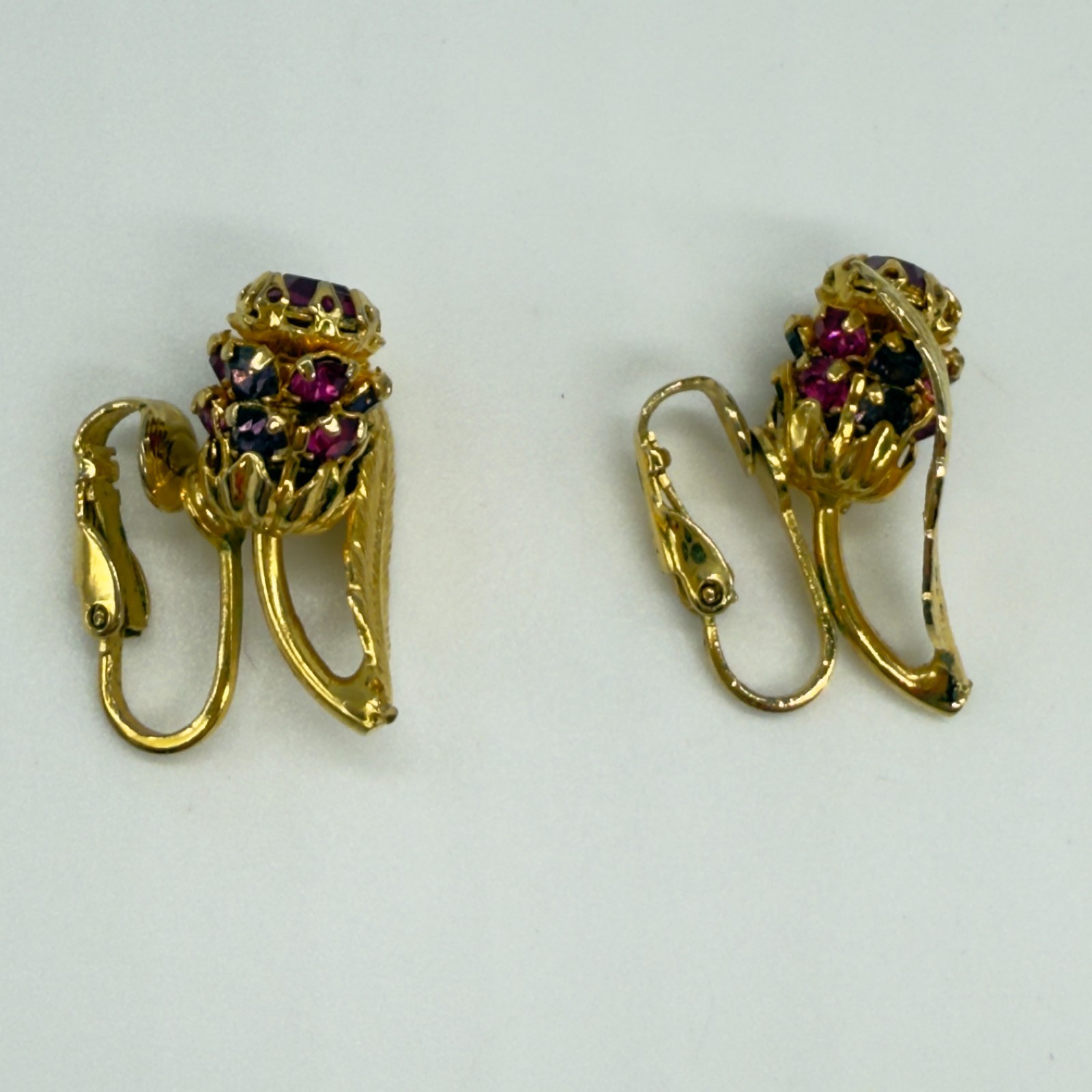 Vintage Flower Brooch and Earring Set Pink Red Rhinestones Gold Tone Clip Ons