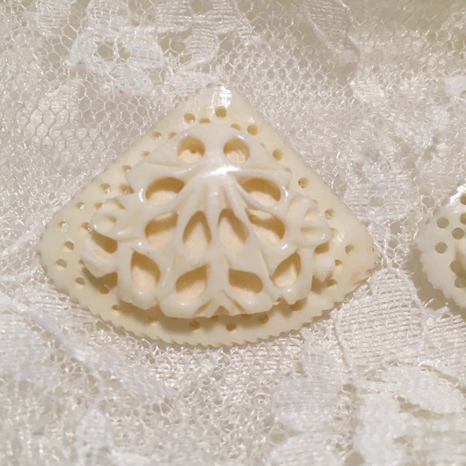 Vintage Mid Century Carved Celluloid Off White Earrings Floral intricate Elegant