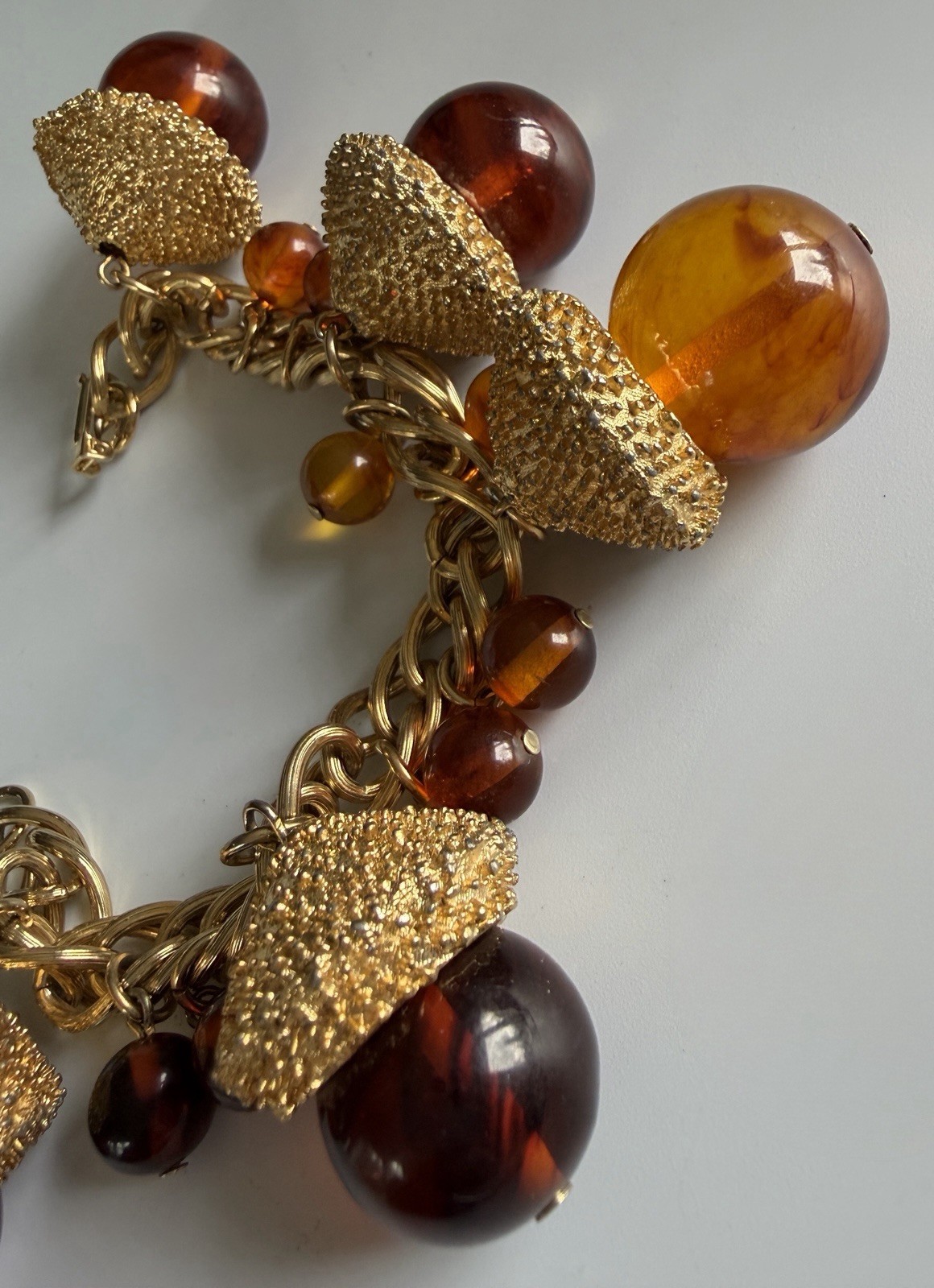 Vintage MCM Chunky Acorn Charm Bracelet Oversized Amber Glass Style Lucite Gold
