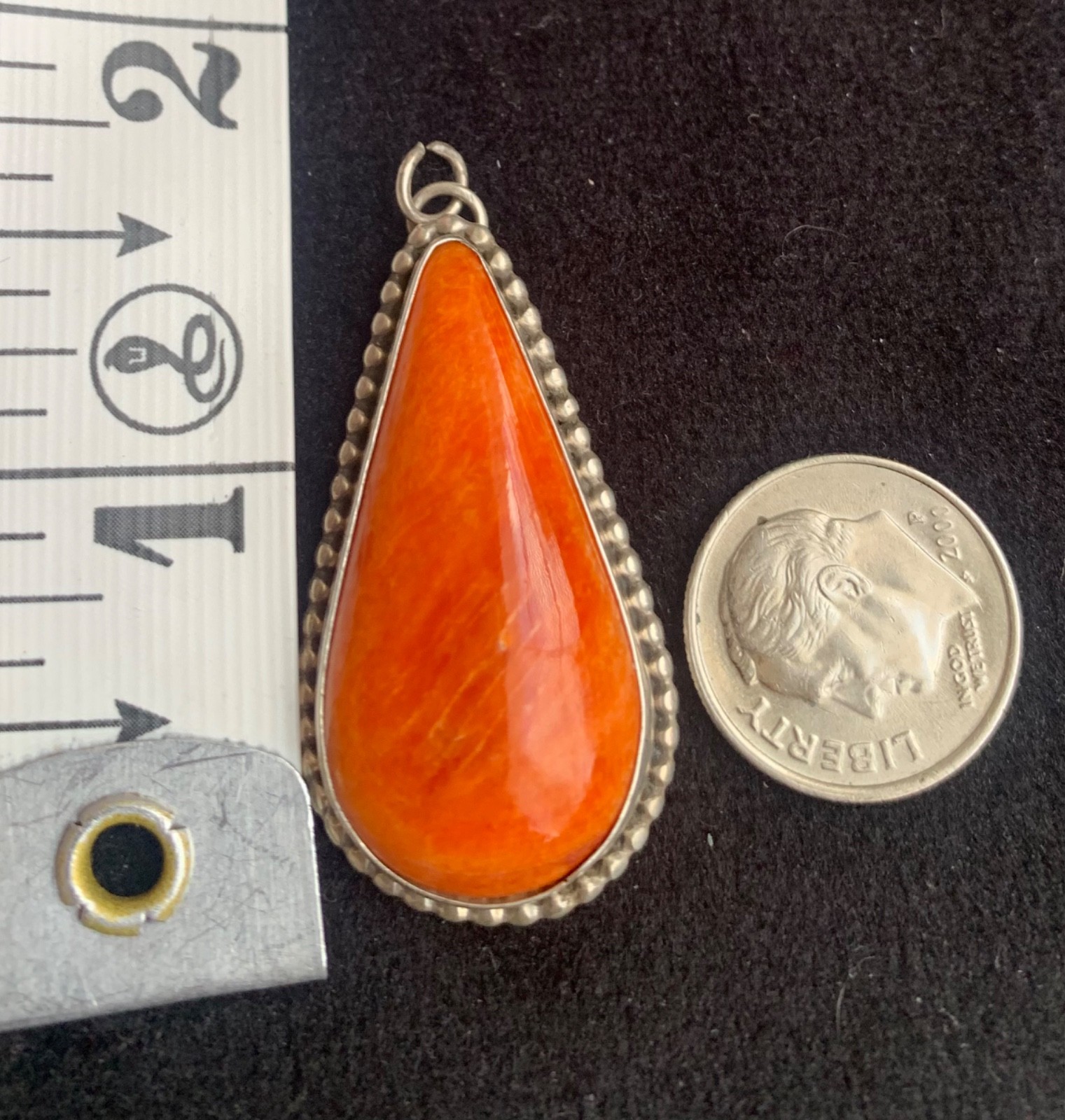 SW Sterling Silver Spiny Oyster Shell Pendant, Large Teardrop Cabochon Signed AC