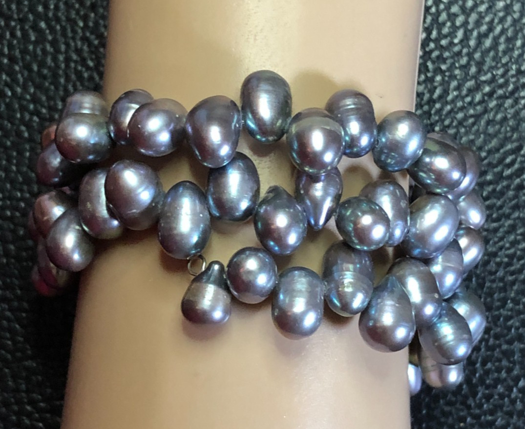 Genuine Cultured Pearl Wrap Bracelet Black Blue Purple Metallic Peacock BaroqP15
