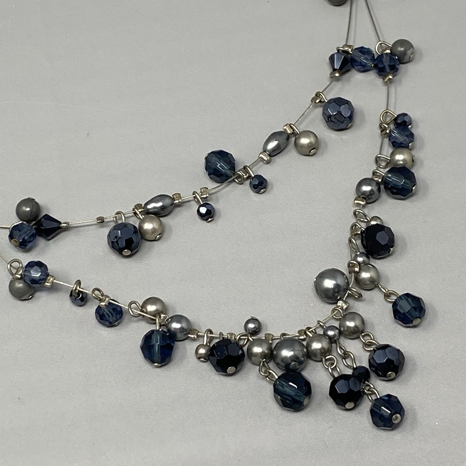 Glass Bead Fringe Necklace Blue Gray Station Layered Collar Memory Wire 19″