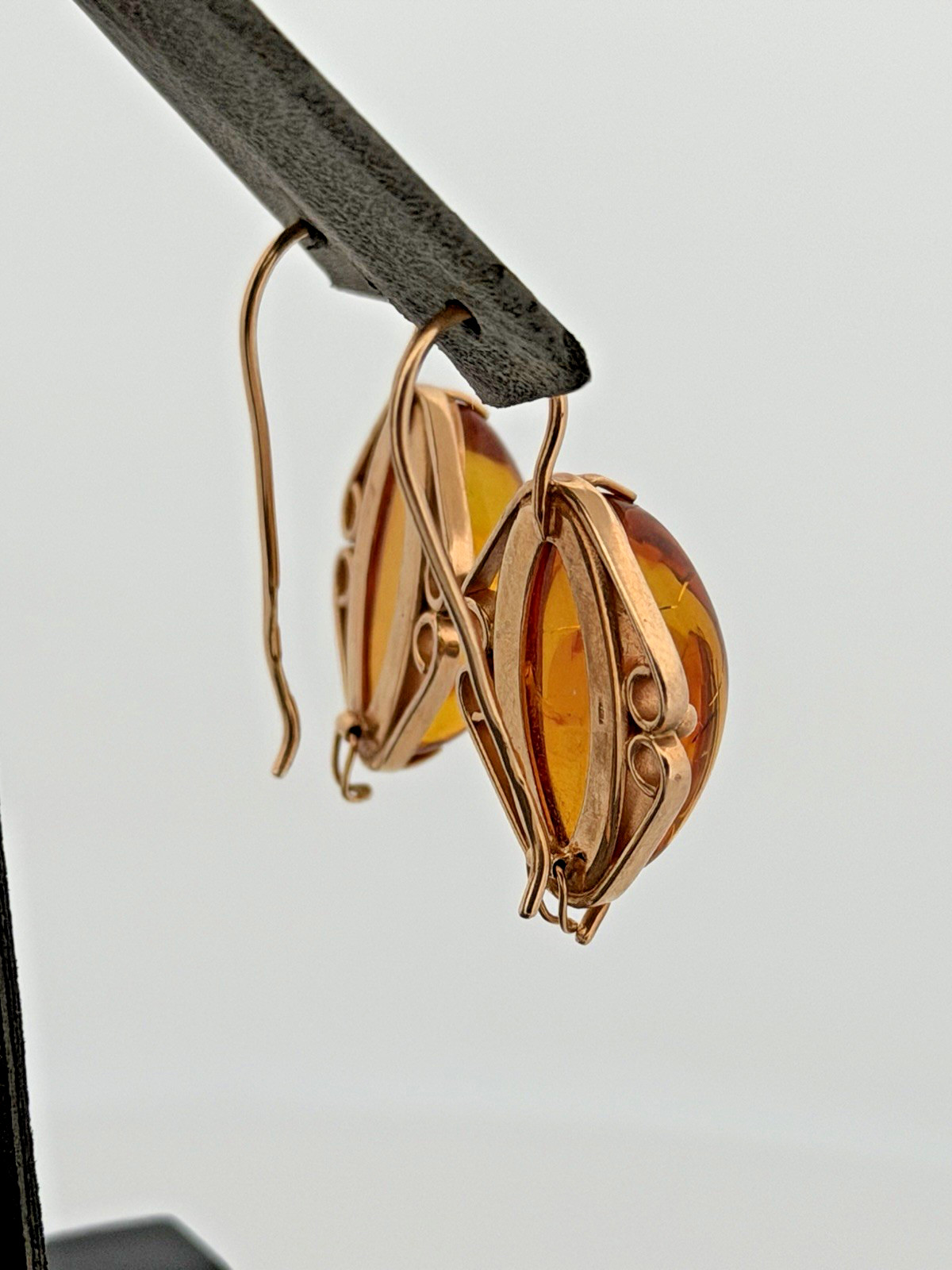 Vintage Russia 14K 585 Rose Pink Gold Honey Amber Earrings And Ring Set