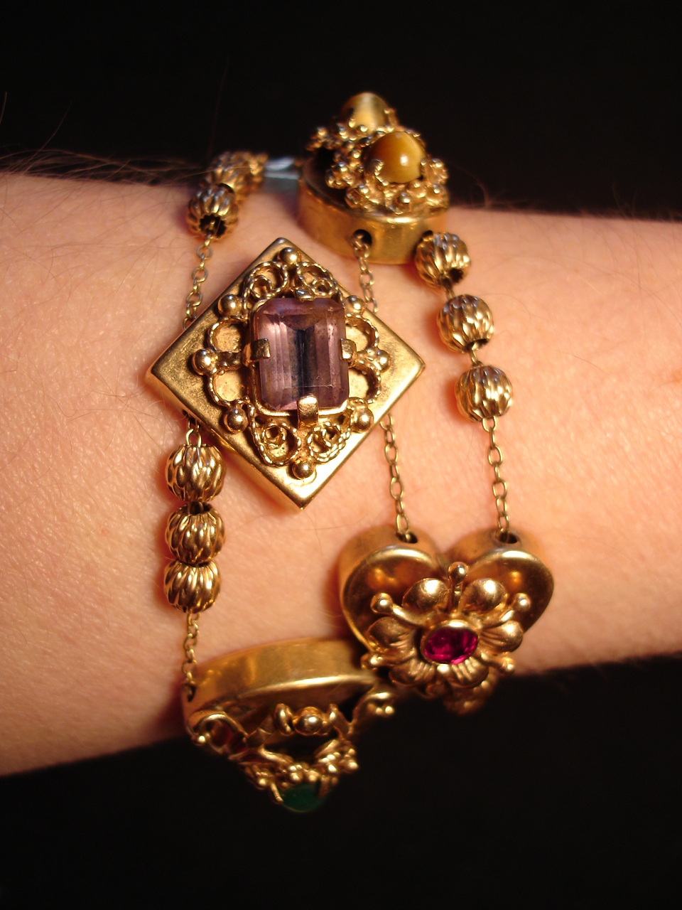 Antique Victorian Vintg Heavy Solid 14K Gold Slide Charm Bracelet 62gr Slides