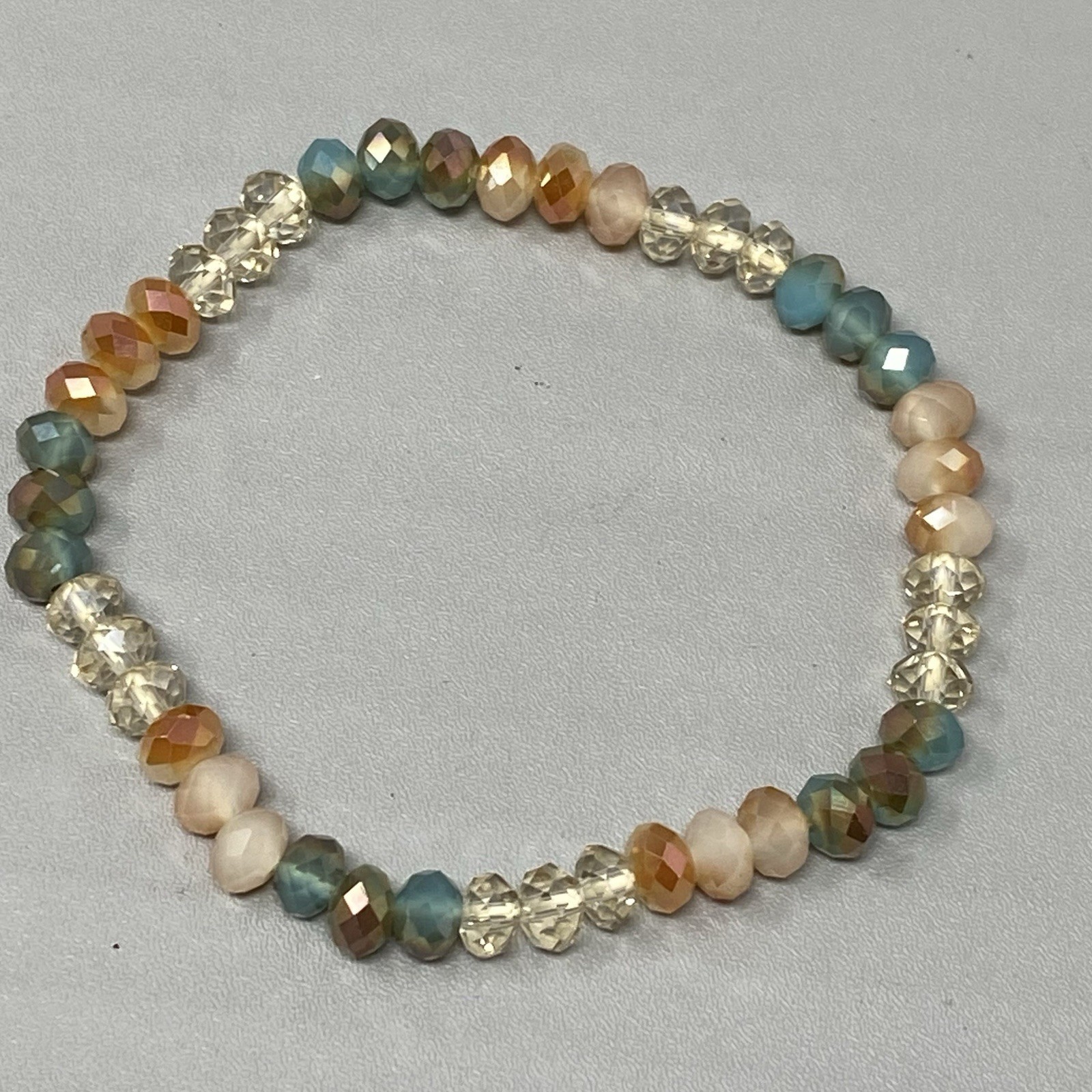 Glass Beaded Bracelet Blue Brown Clear Fire Polished Faceted Stretch Elastic 7″