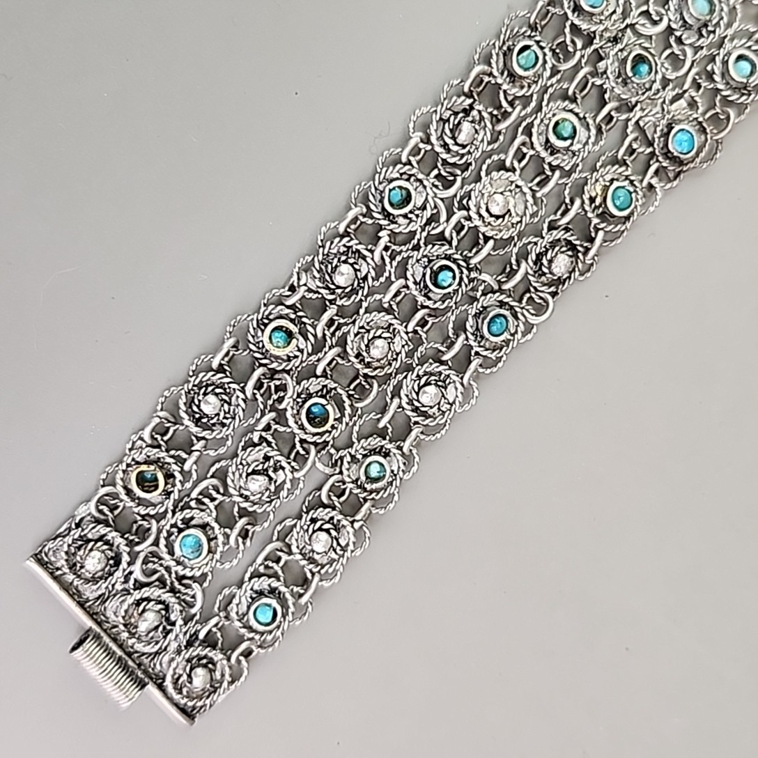 Vintage Cannetille Bracelet Blue Bead Silver Tone Chain Slide Clasp Filigree 6.5