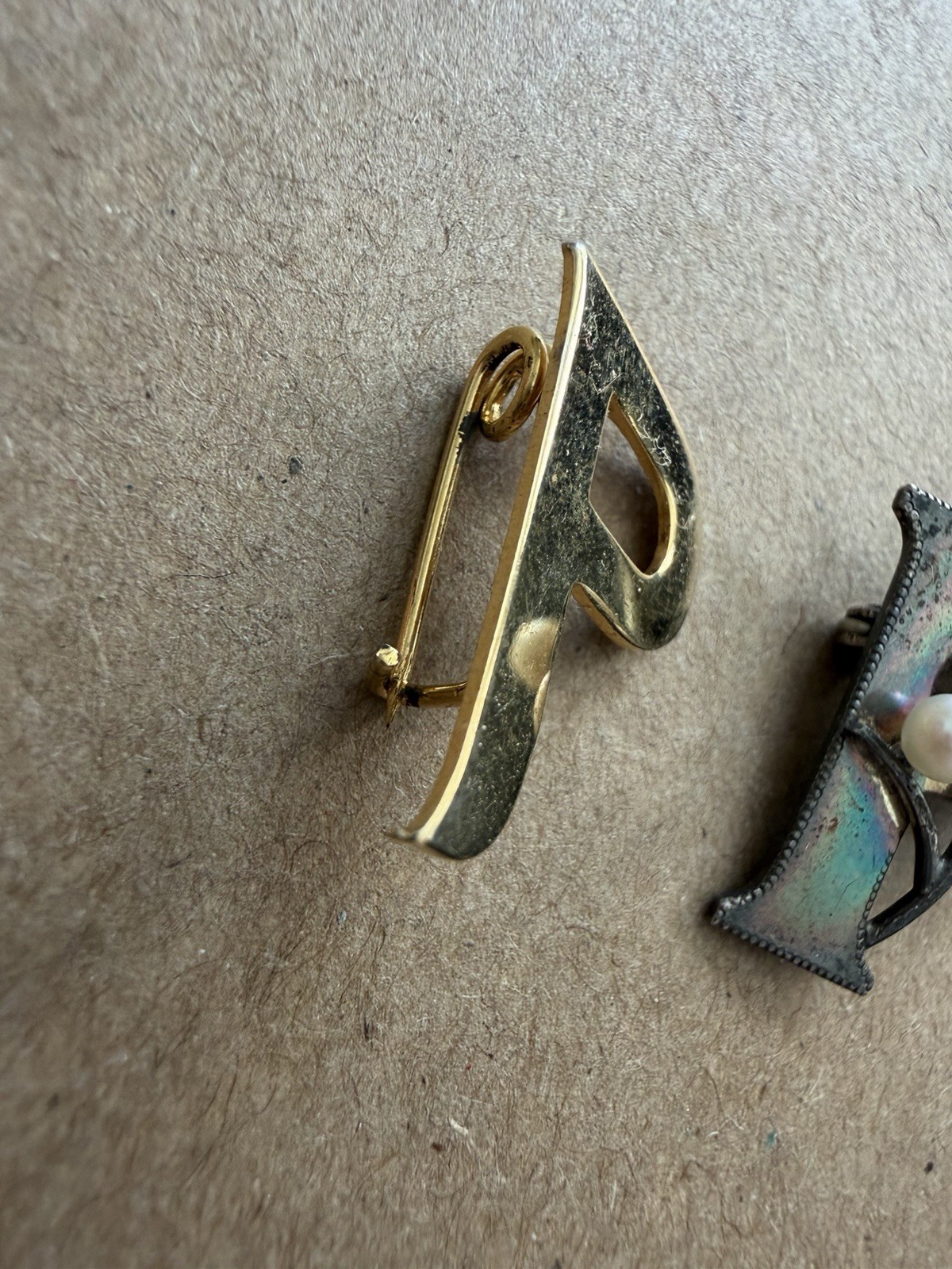 Vintage Letter P Brooch Set Gold Tone & Silver Pearl Minimalist Initial Jewelry
