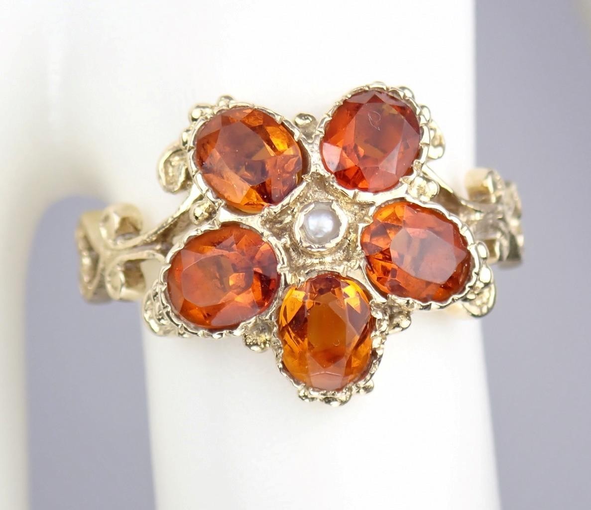 Pretty Vintage Solid 9K Gold Madeira Citrine Pearl Floral Scroll Ring 1971 7.25