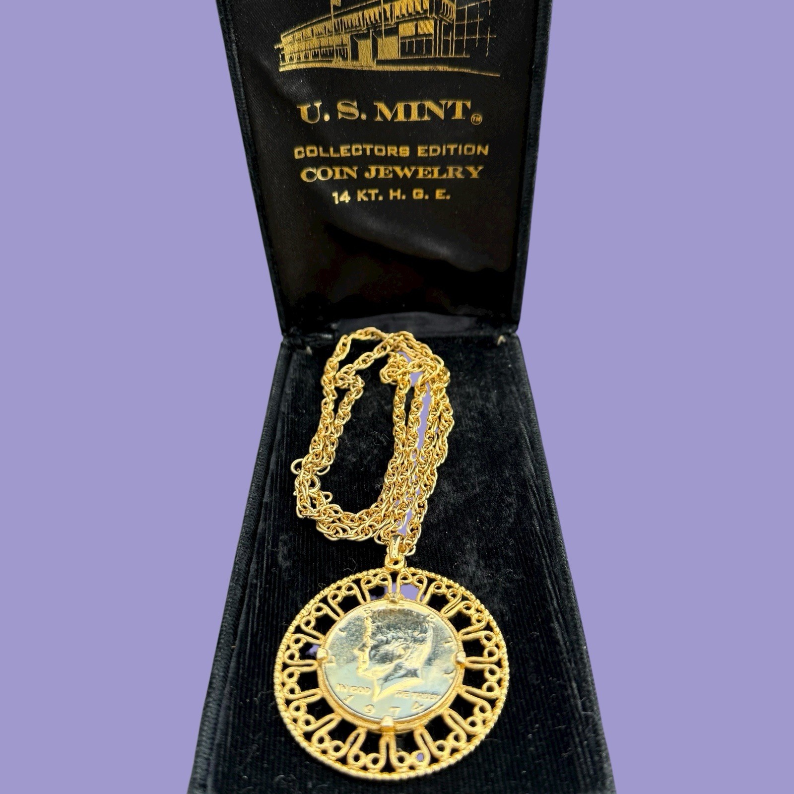 Vintage 1974 US Mint 14k HGE JFK Half Dollar Coin Necklace Revere MF w/ Box