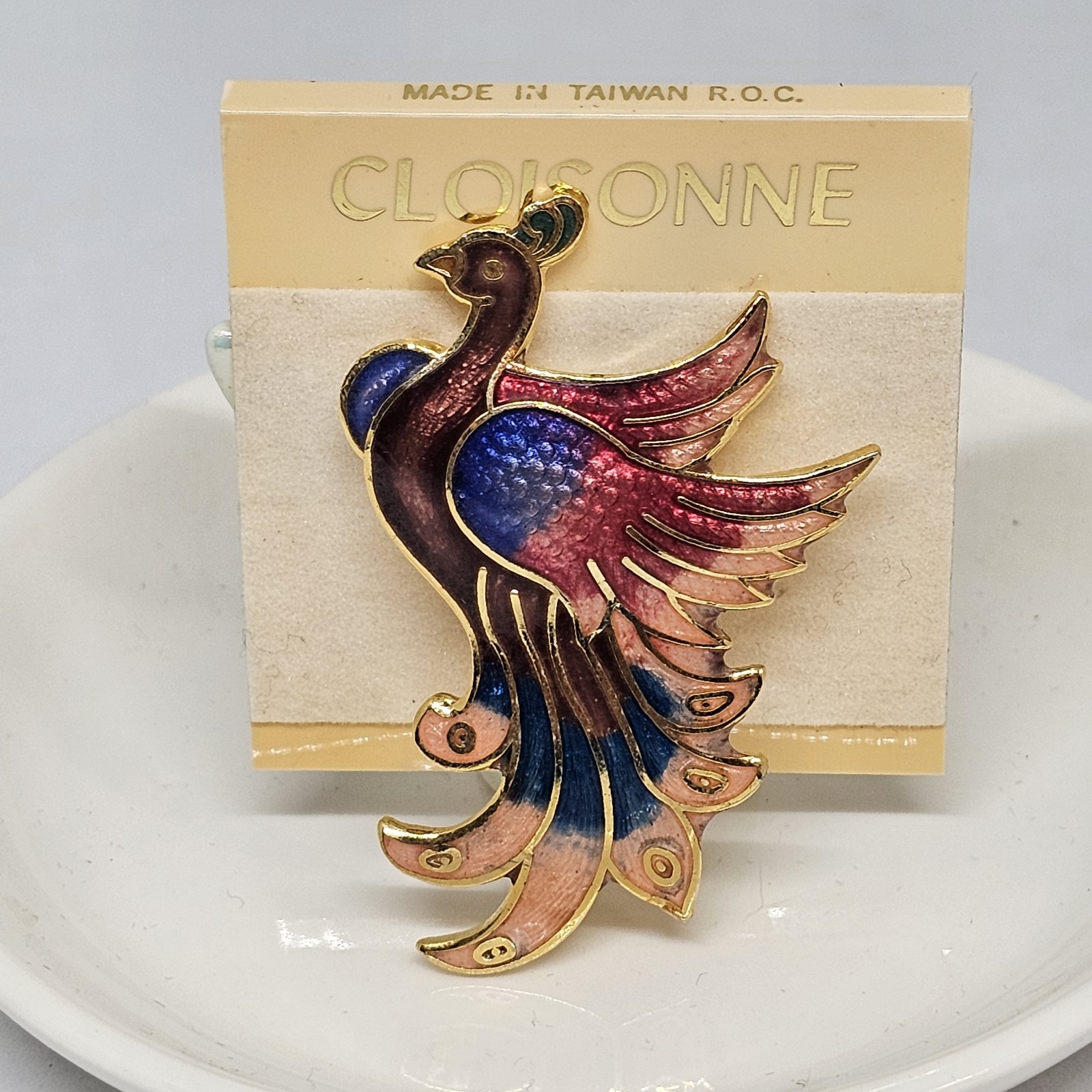 Vintage Cloisonne Enamel Bird Brooch Pin Blue Red Gold Bird