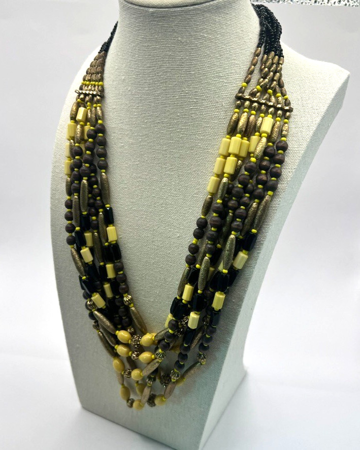 Vintage Boho Multi-Strand Necklace Yellow Black Natural Wood Seed Beads Earthy