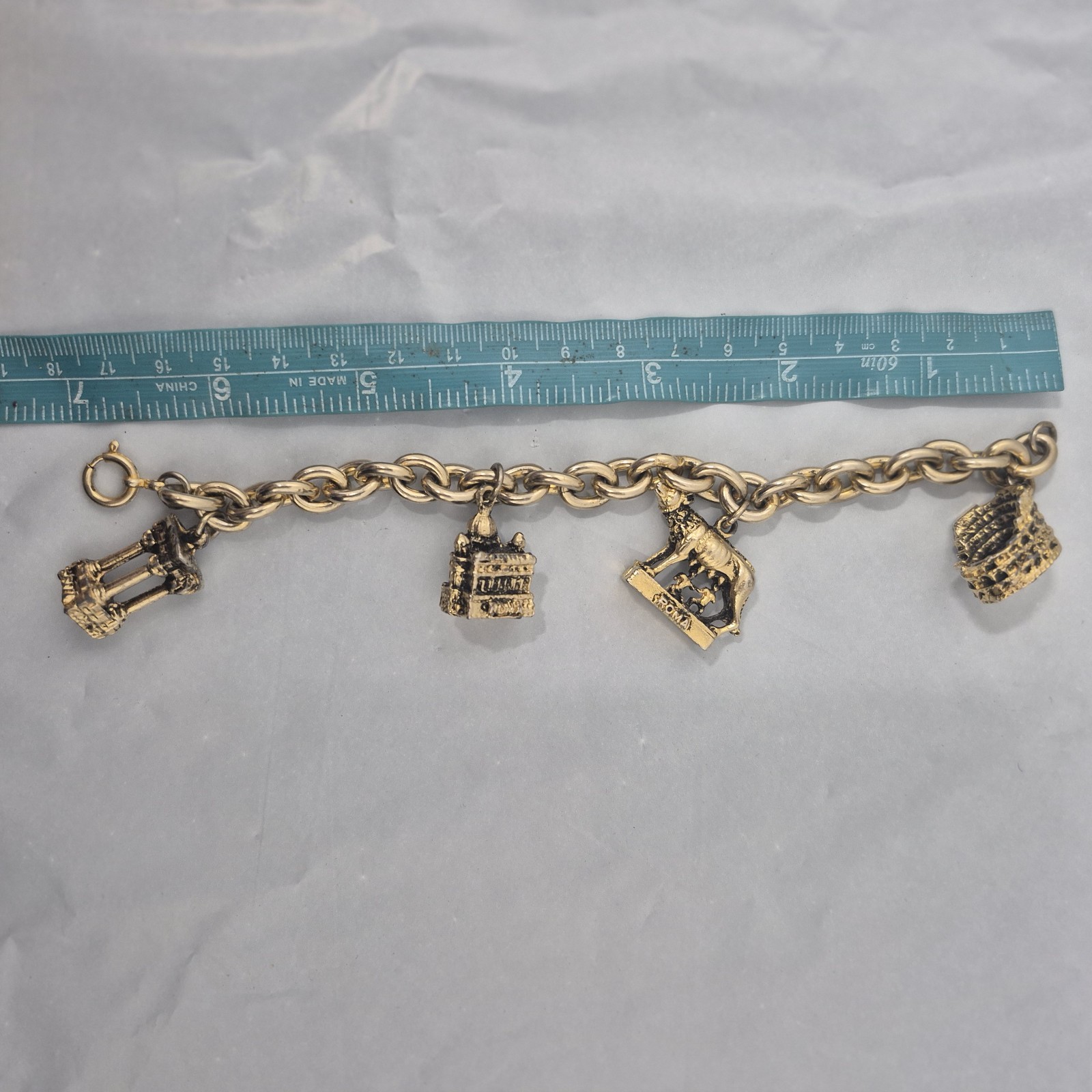 Vintage Brassy Gold Tone Charm Bracelet with 4 Charms Government Buildings