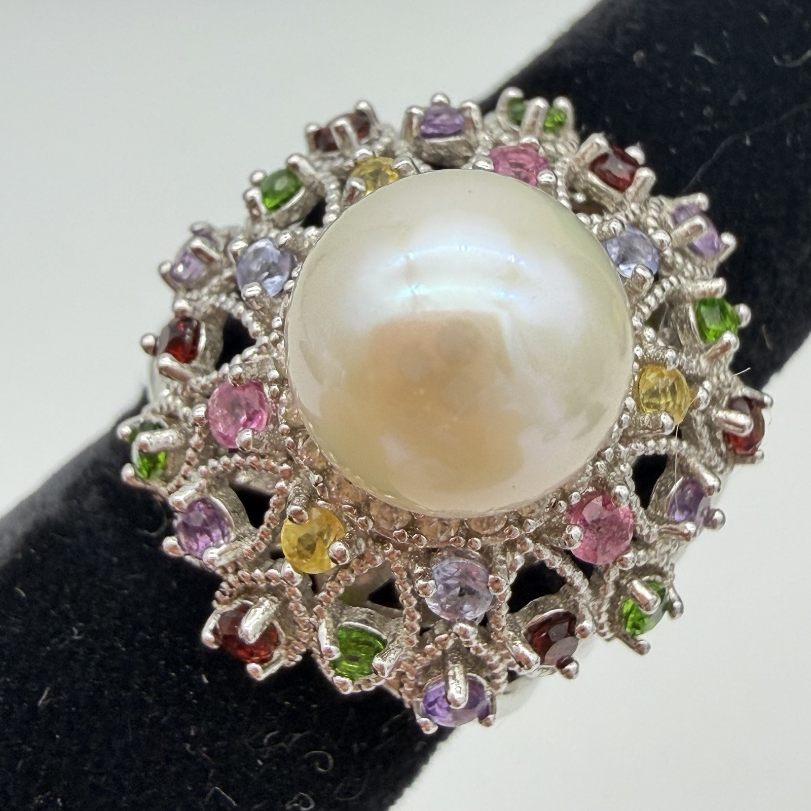 Vtg JZ Sterling Silver Pearl Gemstone Princess Ring Garnet Period Size 6 QVC