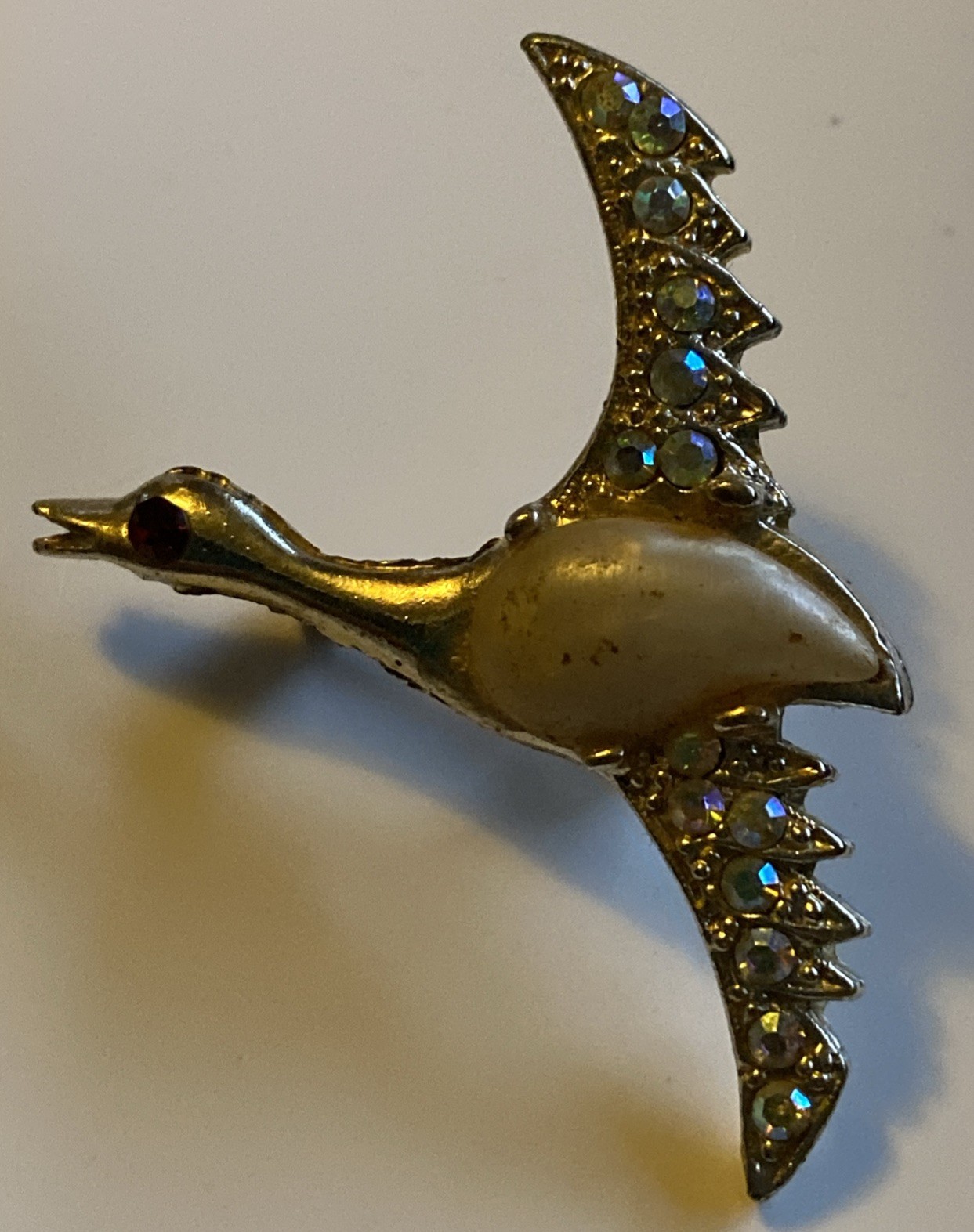Vintage Rhinestone Flying Duck Brooch Silver Tone 1.5″ X 2”