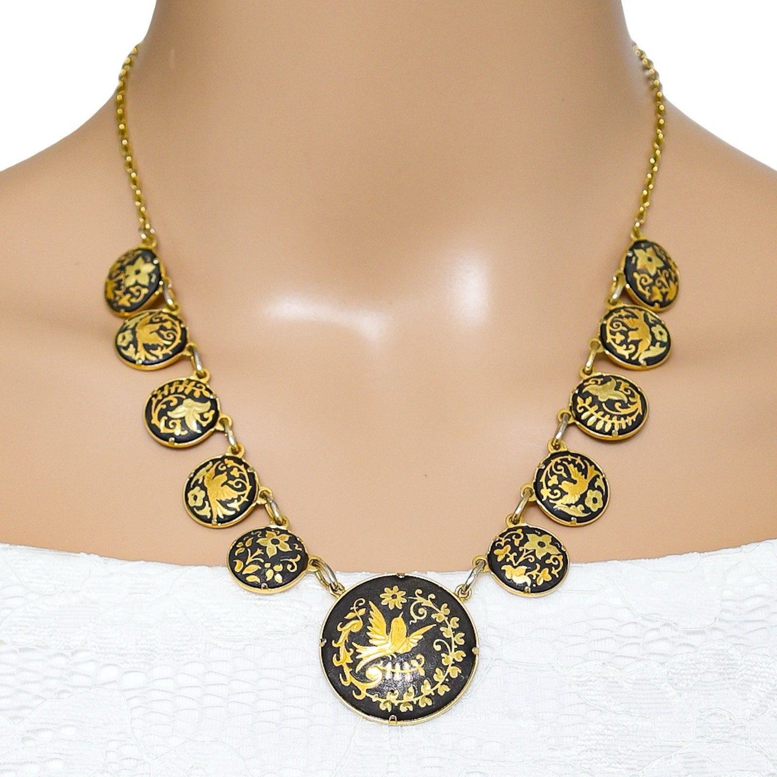 Vintage Mid Century Japanese Style Damascene Coin Charm Necklace Black Gold 18”