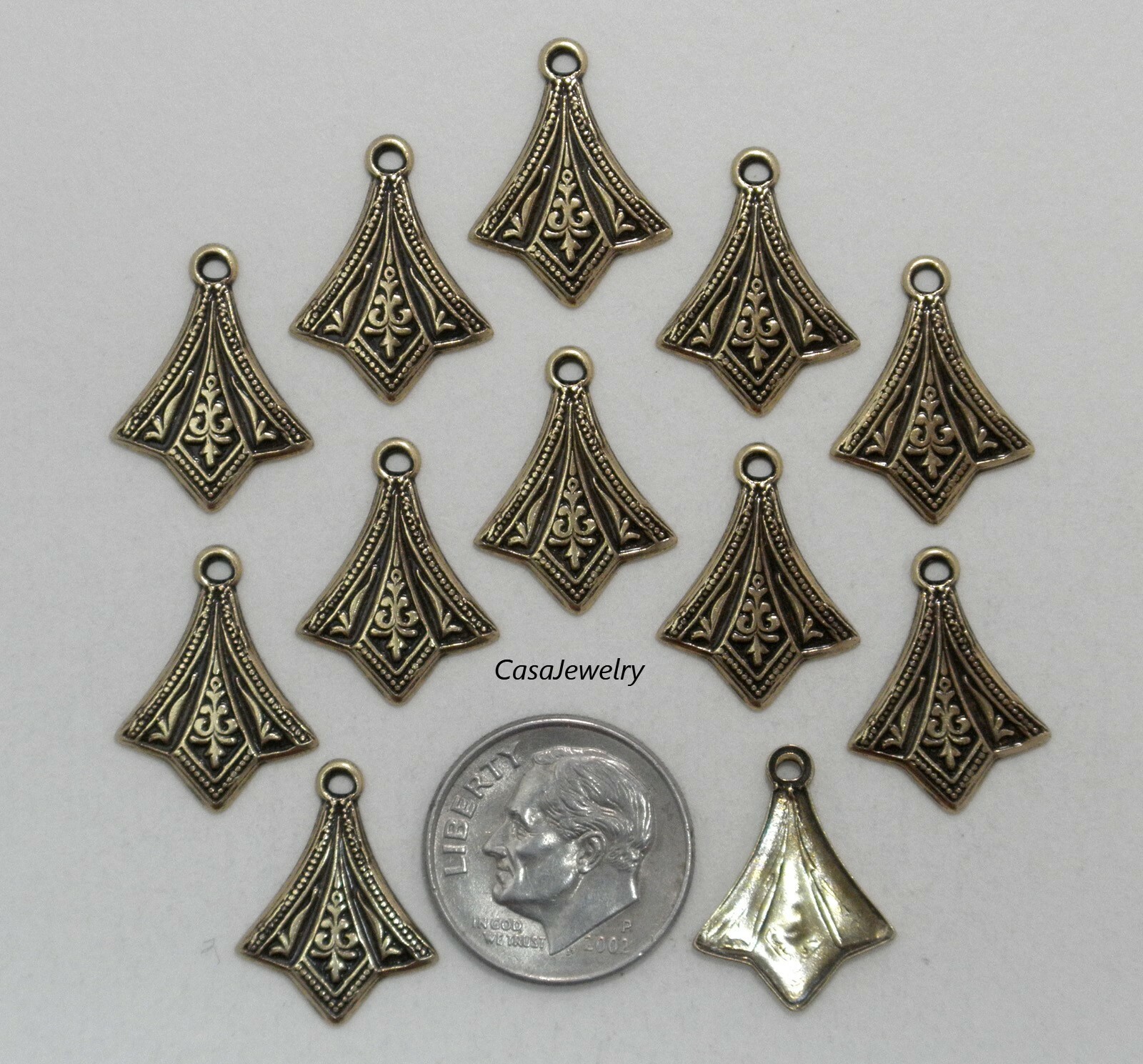 #3414 ANTIQUED GOLD SMALL DIE STRUCK ADORNMENT W/TOP HANG RING – 12 Pc Lot