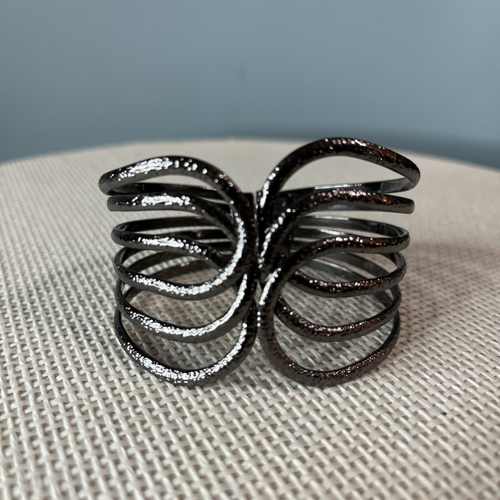 Vintage Grey Metal Scalloped Front Opening Hinged Cuff Bracelet