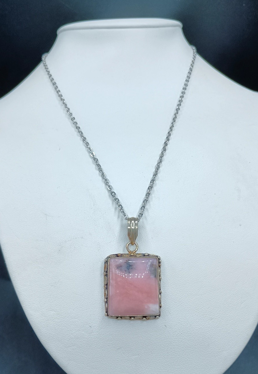 Vintage Rhodochrosite Stone Pendant Necklace Pink Square Silver Tone Chain 17″