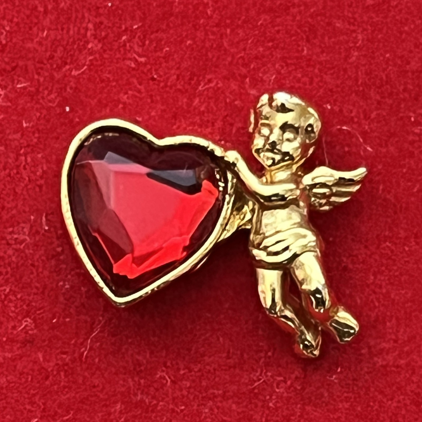 AVON Signed Huge Red Heart, Shiny Gold-tone Guardian Angel Brooch Pin.