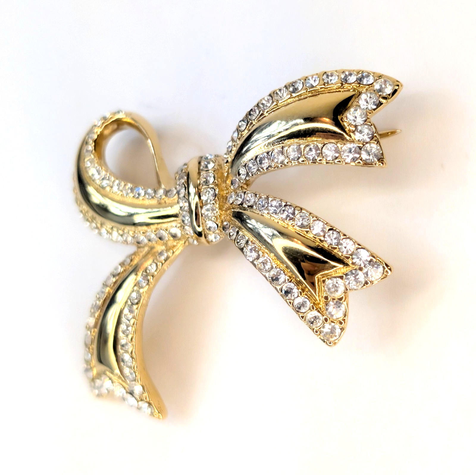 Vintage Monet Bow Brooch Gold-tone Plated Pave Clear Crystals 1980s–1990s
