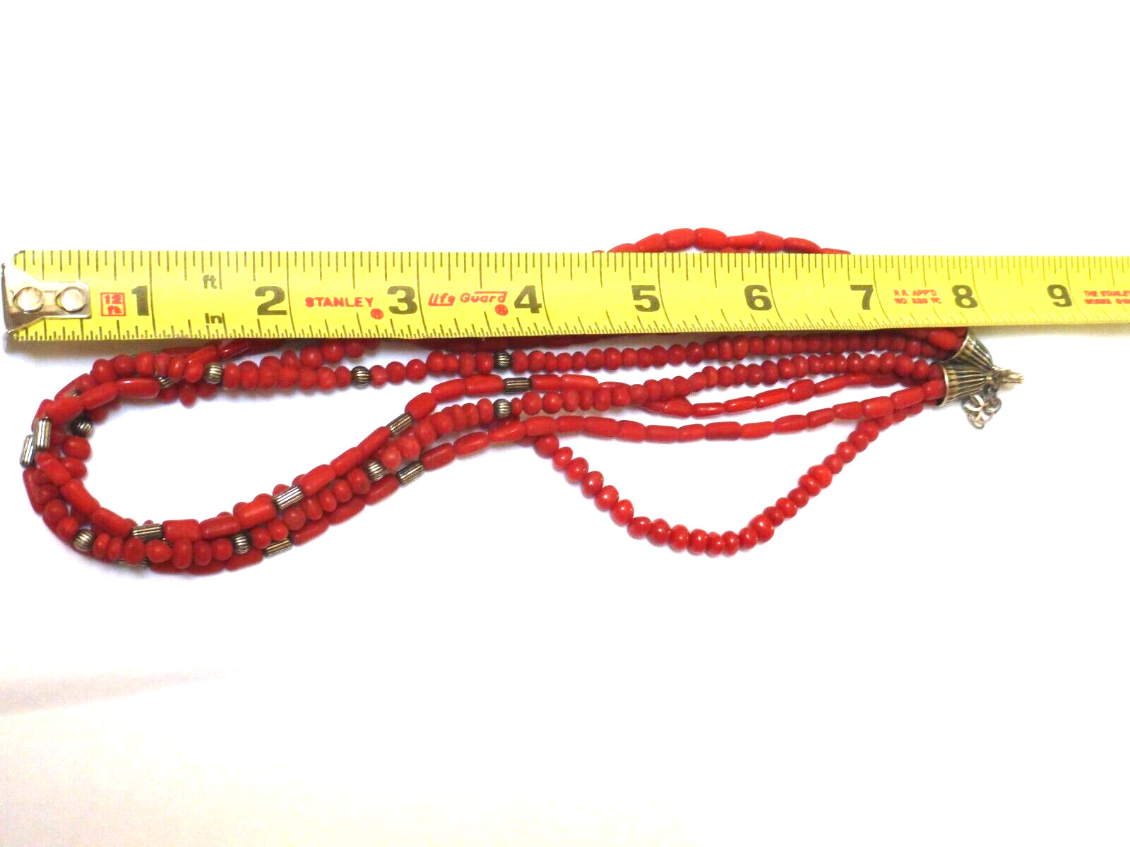 Vintage sterling silver red coral bead 4 stands necklace, undyed