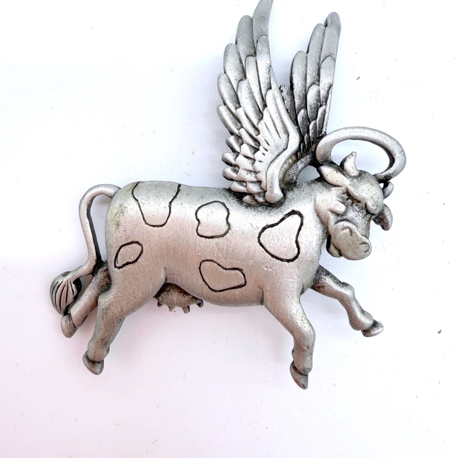 Brooch Flying Cow Signed JJ Vintage Pin Angel Wings & Halo Gold Tone