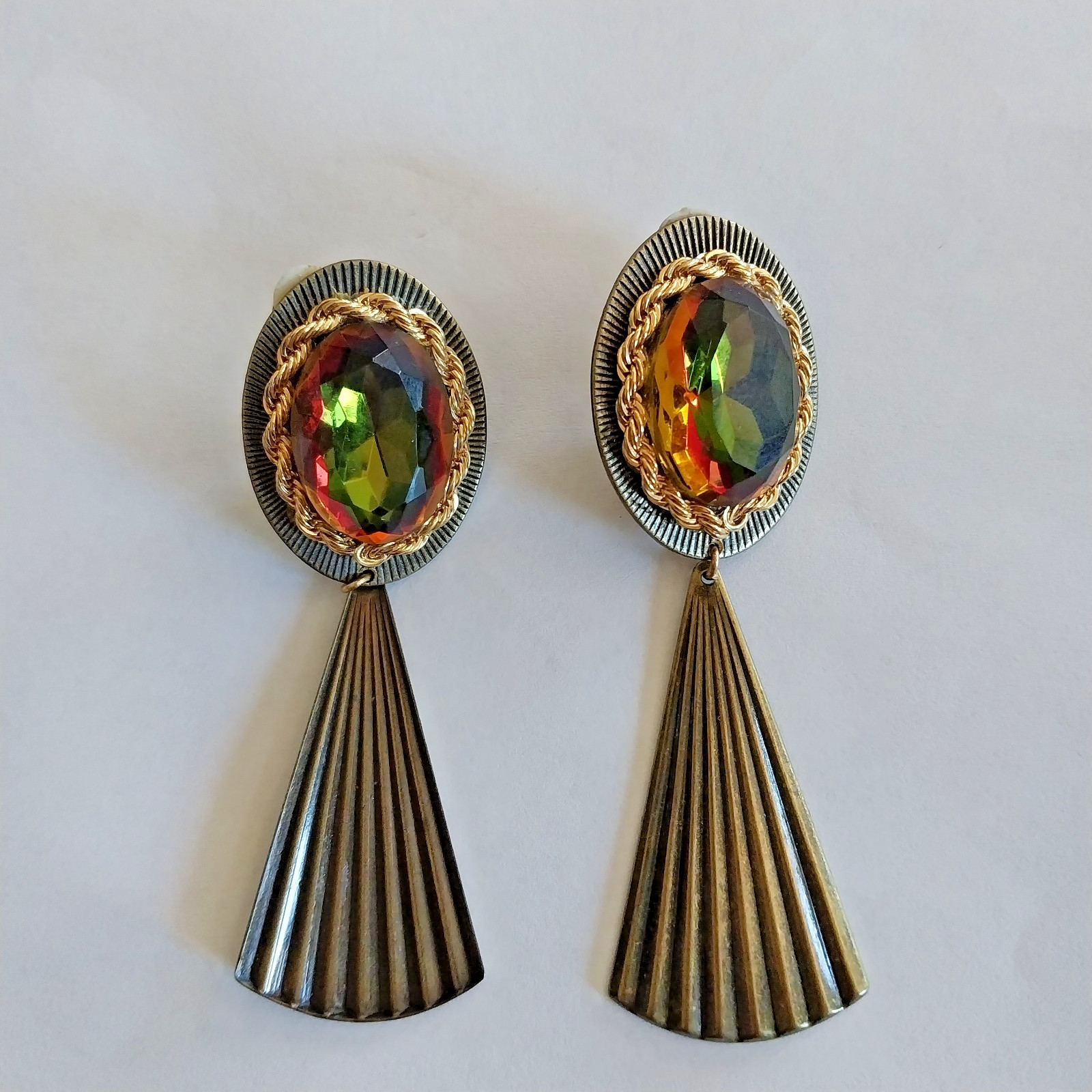 Vtg Bronze Tone Clip On Earrings Chain Multicolor Cabochon Fan Design Tassel 3″