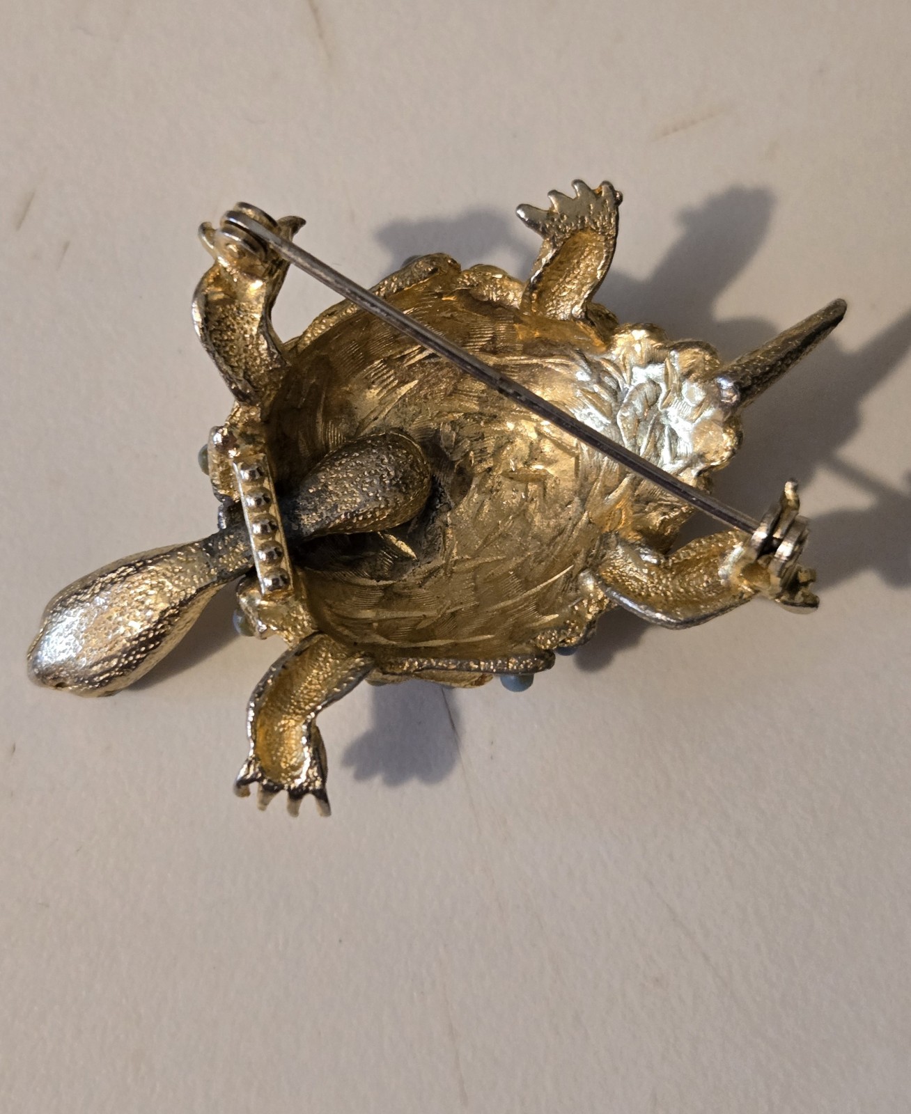 Gold Tone Turtle Blue Cabochons Green Rhinestone Eyes Reticulated Head Brooch