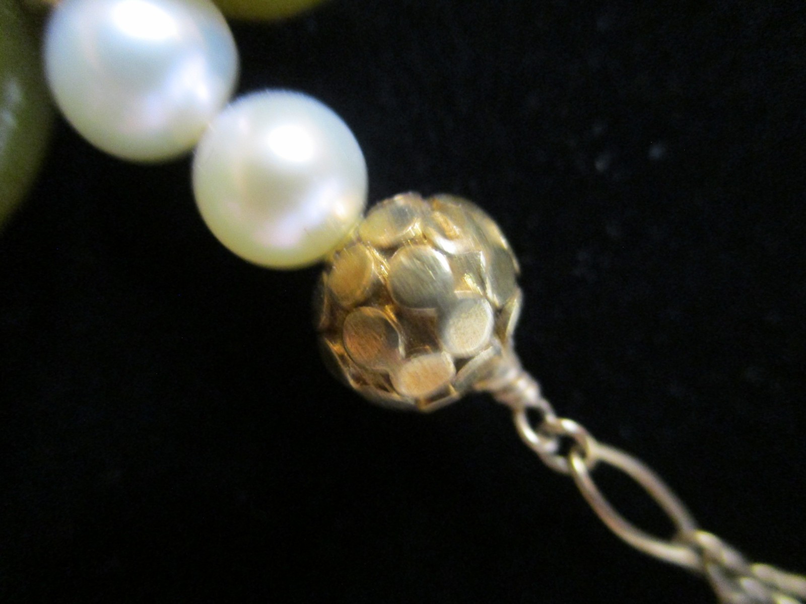 Antique-Like 14K GF Flowerette Necklace w/Jade, Amethyst, Pearl 30.75″L Handmade