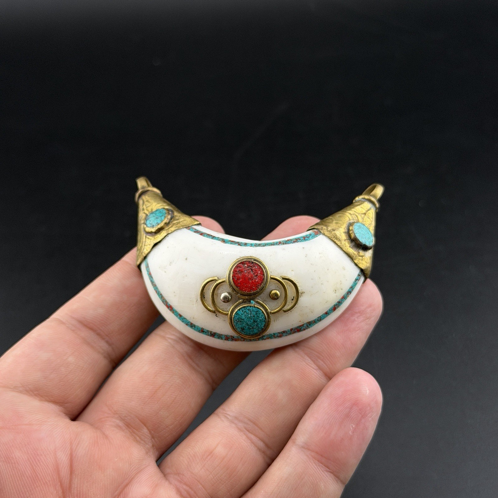 Unique Crescent Shaped Amulet Handcrafted Himalayan Folk Jewelry Pendant