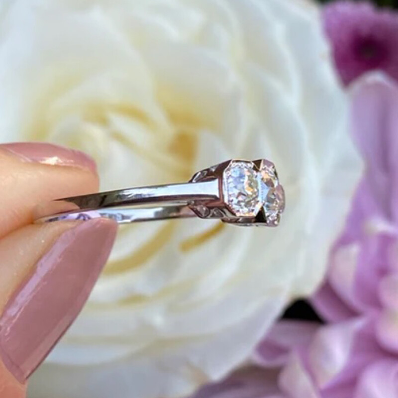 1.4Ctw White Round Cut Three Stone Simulated Diamond Art Deco Retro Silver Ring
