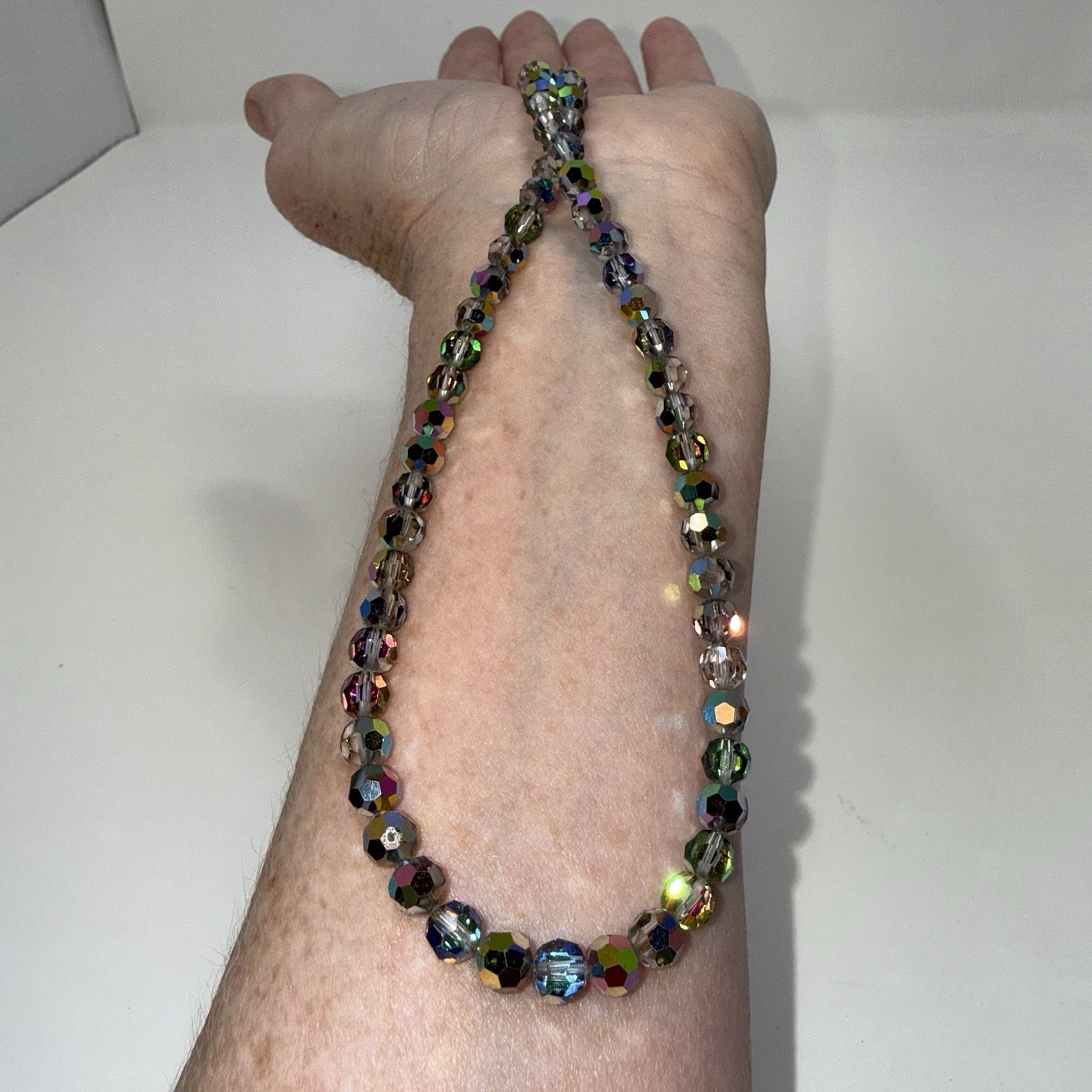 Vintage One Strand Aurora Borealis Rainbow Crystal Glass Faceted Necklace 18″