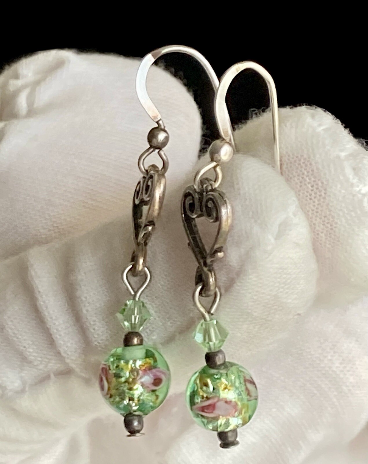 Sterling Silver Heart Round Glass Bead Earrings Dangle Drop Green Pink 1.75inch