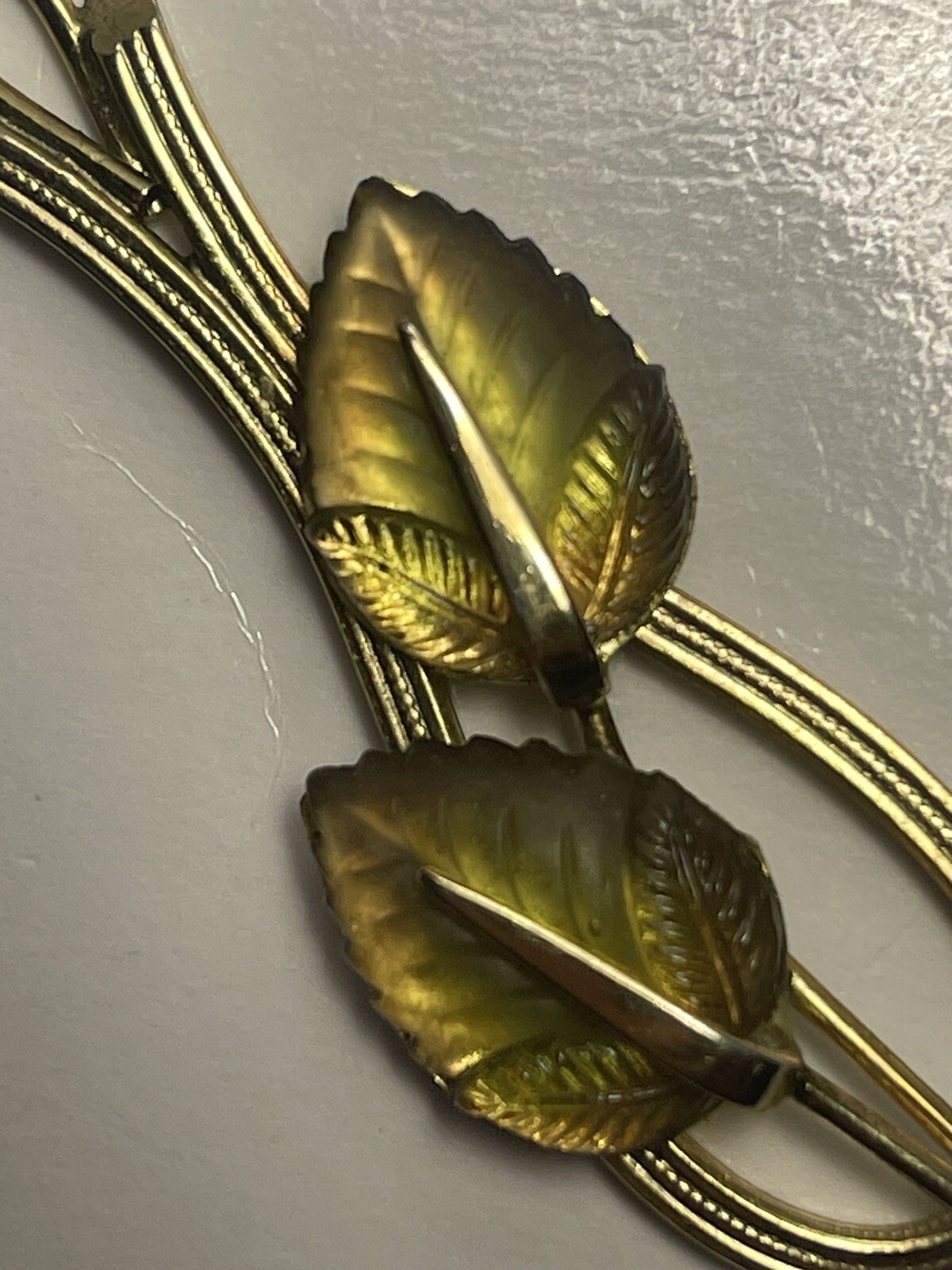 Vintage 1960’s Whiting and Davis Gold Tone Molded Glass Autumn Leaves Pendant