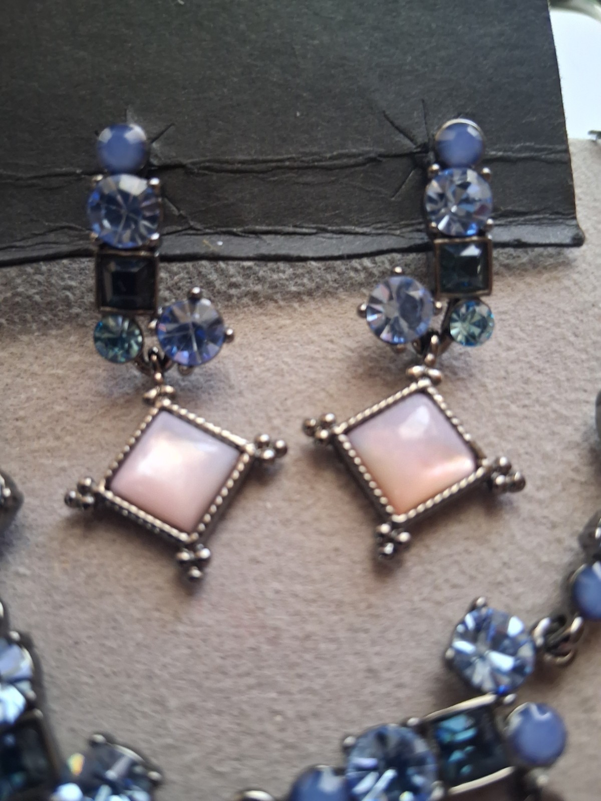 90’s pink moonglow & blue crystal festoon style necklace & dangle drop earrings