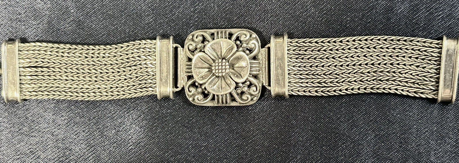Vintage Floral .925 Sterling Silver Multi Strand Wheat Chain Bracelet