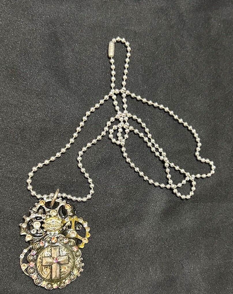 Vtg Faith Necklace Statement Pendant 14” Drop Rhinestones Handmade Brutalist