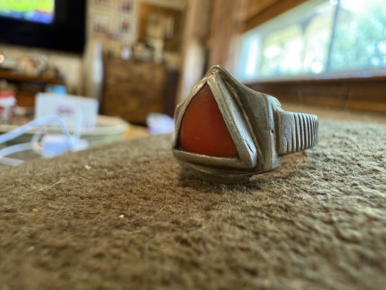 OLD Sterling Silver 925 Ring Unmarked 7.1grams Coral? Jasper? Size Is Almost 7.5
