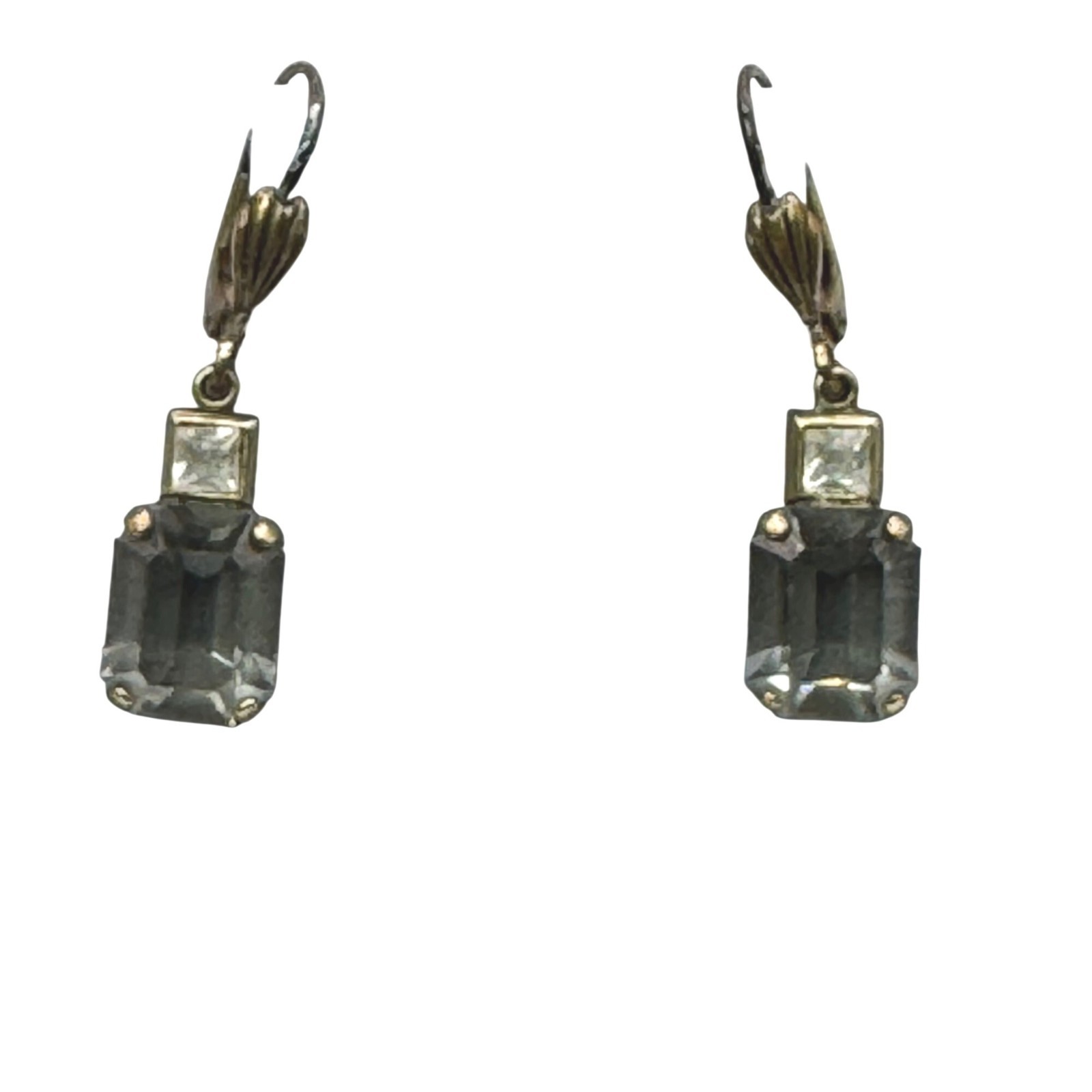 Vintage “Black Diamond” Gold Tone Leverback Drop Earrings Emerald Cut Estate