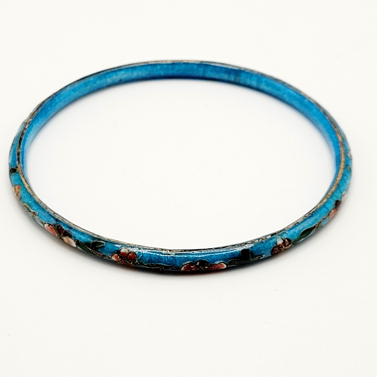 Cloisonné Light Blue Enamel Floral Hand Painted Asian Inspired Bangle Bracelet