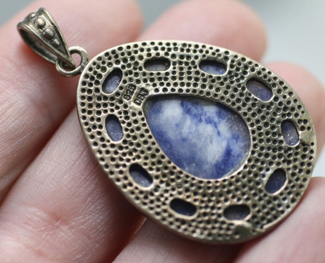 DBJ Sterling Silver 925 blue lapis cabochons tear drop shaped pendant 1 5/8″