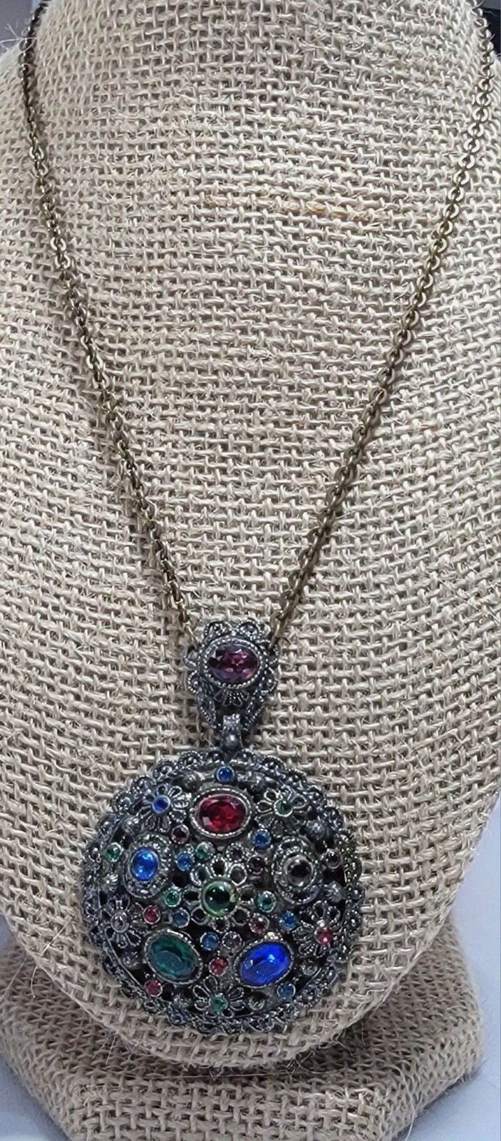 Vintage New England Glass Works Rhinestone Medallion Necklace 18″