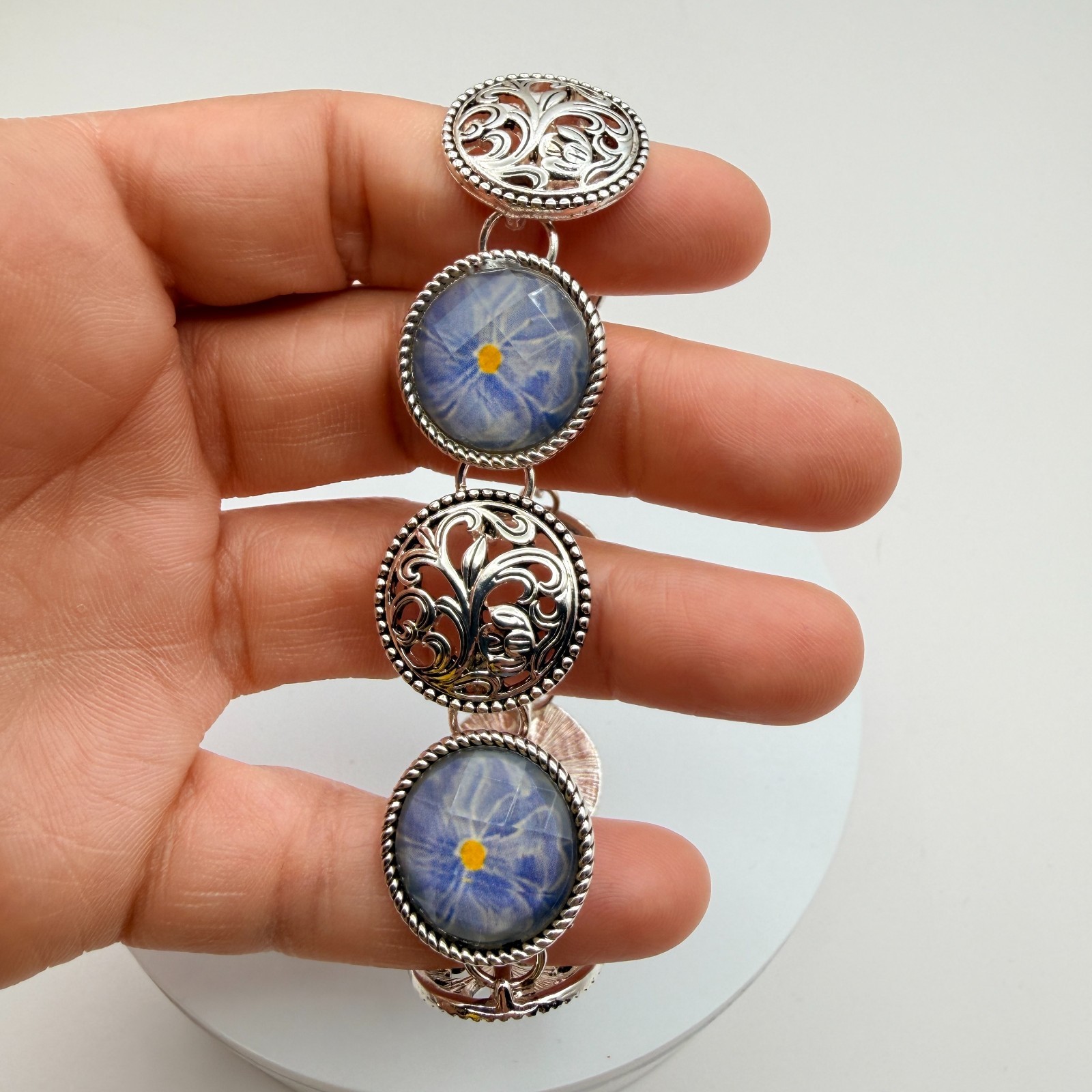 Vintage 90s Silver Tone Blue Flower Glass Cabochon Classic Fashion Jewelry Set