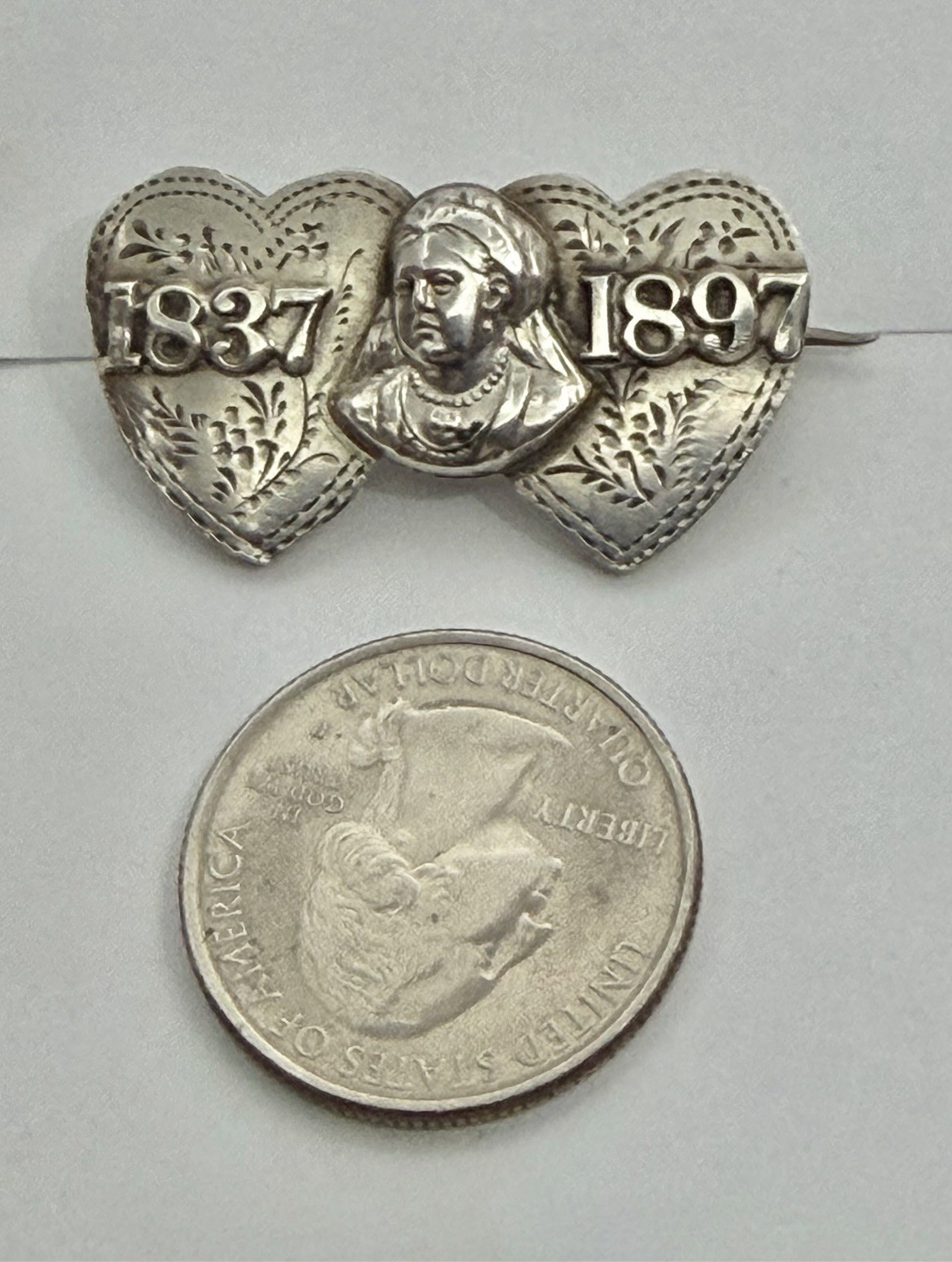 Antique Victorian Queen’s Jubilee Double Hearts & Victorian Bust Sterling Brooch