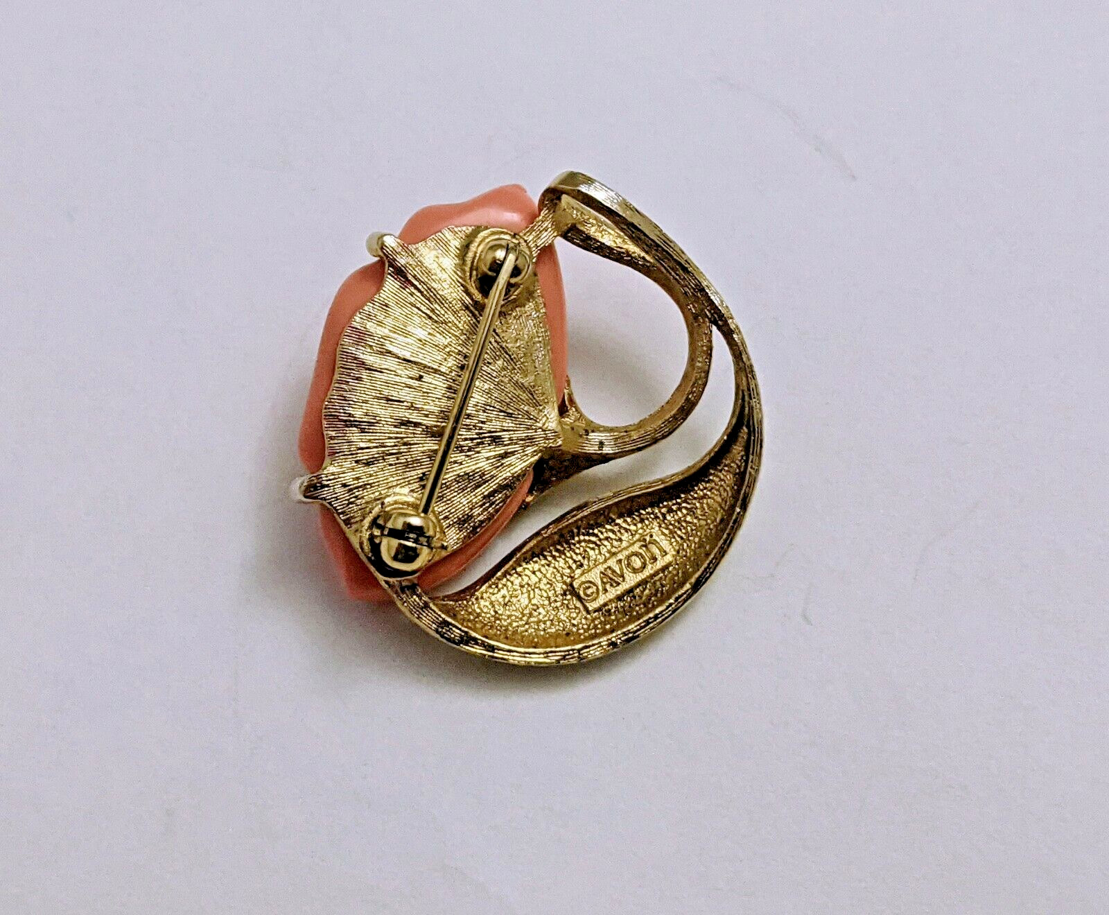 Avon Signed Coral Poppy Flower Brooch Peach Pink Lucite Brushed Gold Tone