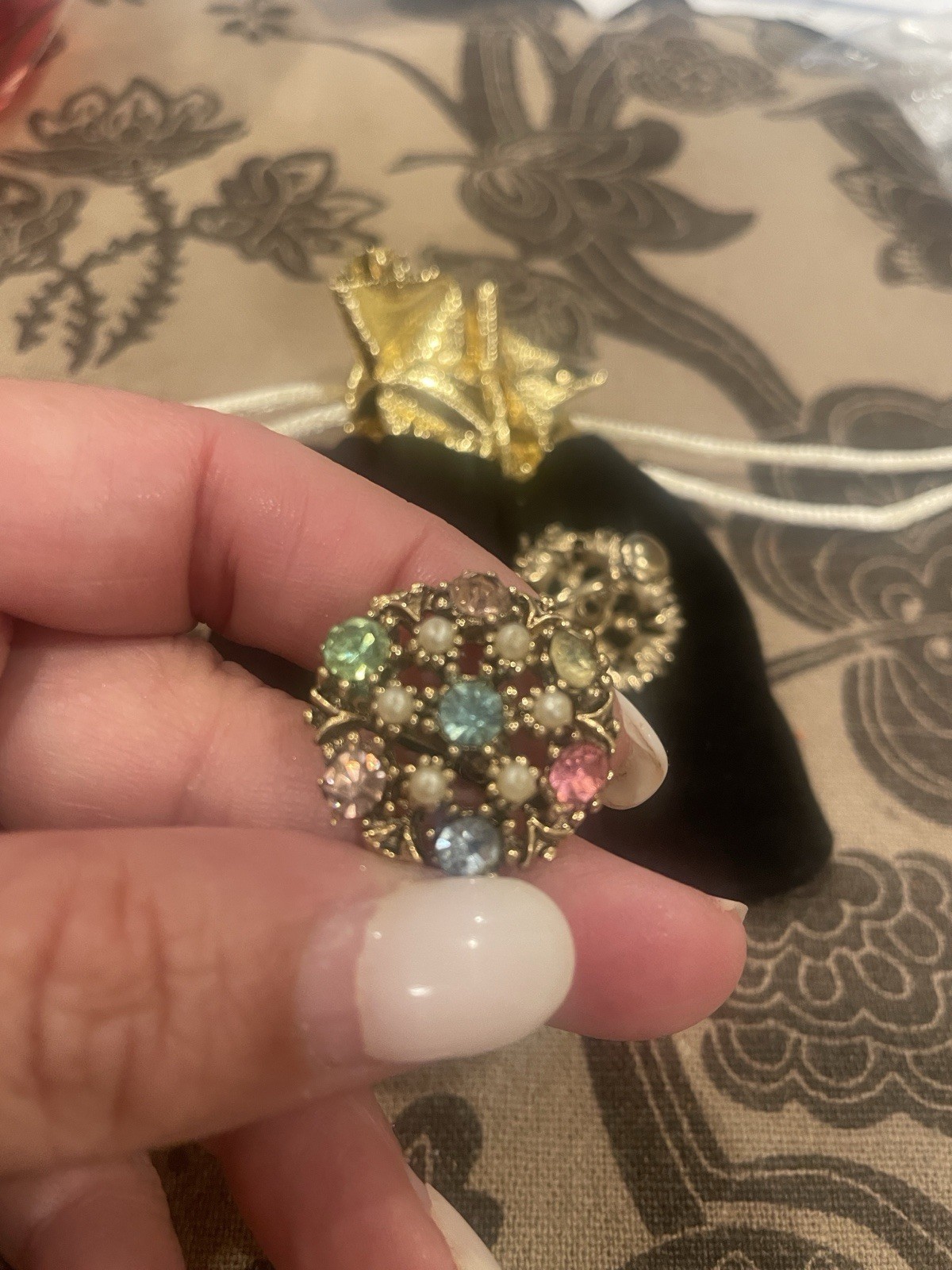 Vintage Multicolor Round Cluster Clip-On Earrings, Gold Tone Metal, Beaded