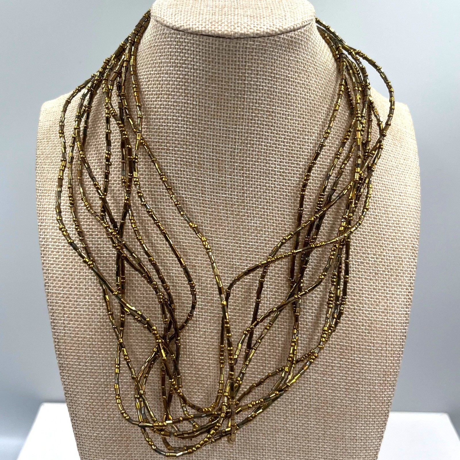 Vintage Gold Tone Multi Strand Seed Beaded Necklace Layered Fringe Statement