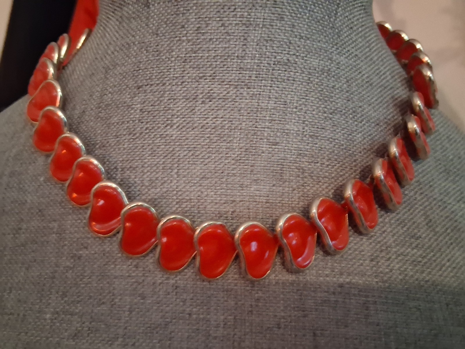 Vintage red celluloid stylized leaf abstract necklace, 16″, articulated