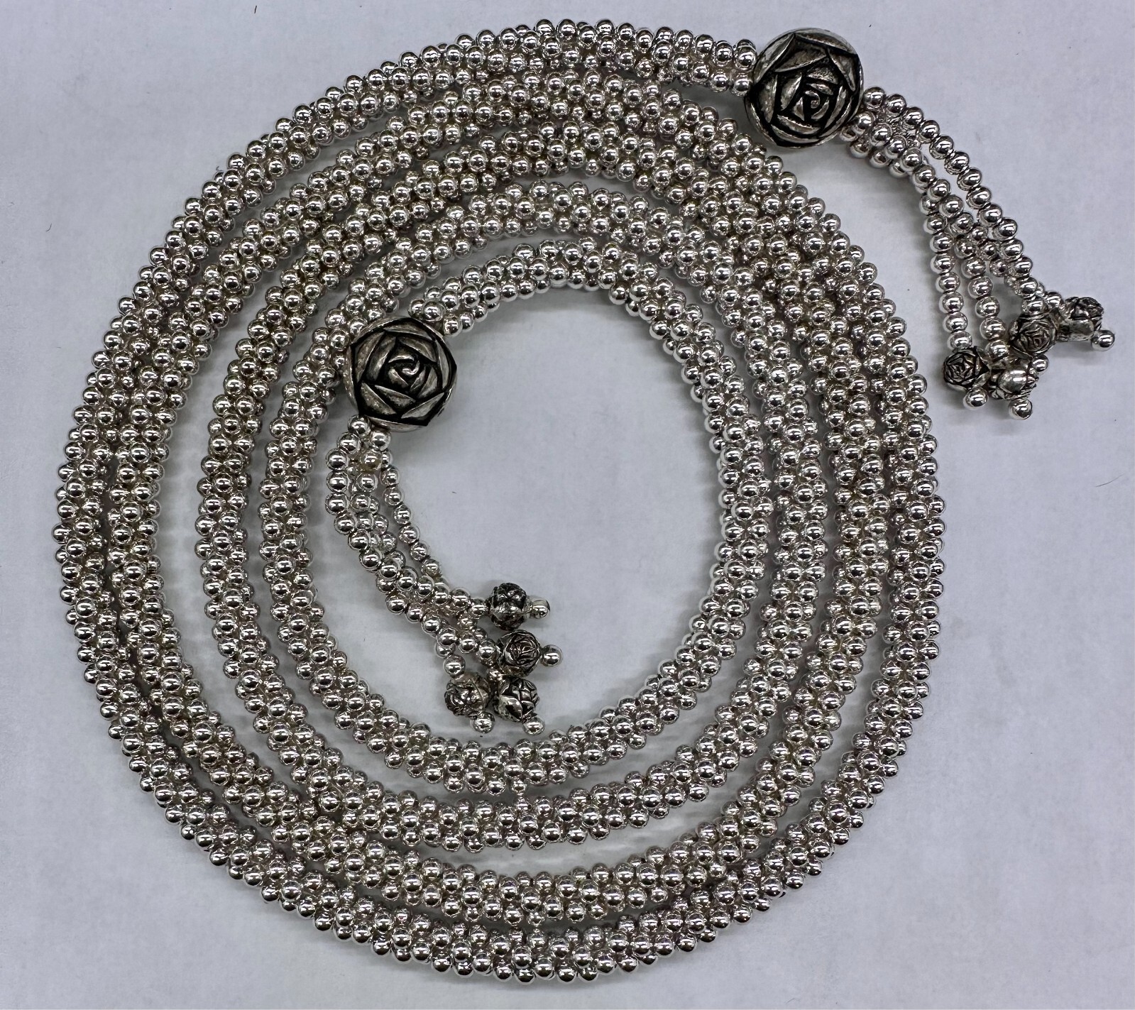 ESTATE SILVER TONE POPCORN CHAIN CAMELLIA FLOWER BEAD TASSEL OPEN NECKLACE 50″