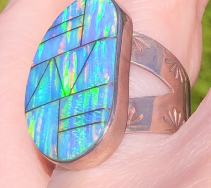 FaBuLoUs Ice blue lavender fire Opal Ring 8 Sterling Large Vintage Native Art